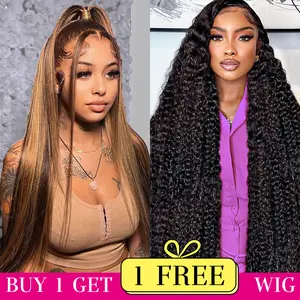 [Combo sale 28"&22"] buy 1 get 2 wig" 28Inch 13x4 Body Wave Hair Lace Front Wigs + 13x4 22lnch Deep wave Human Hair Hair Pre Plucked HD Transparent Lace FrontalHuman Hair Wigs180% Density Black Fabric Hair Elastic