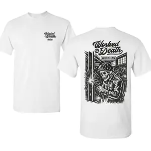 Worked to Death Shirt with Skeleton Welding Factory Art, 2 Sides Graphic Tee, Soft Cotton Blend Shirt, Vintage Blue Collar Style for Welders and Tradesmen, Gift for Hardworking Men Man