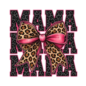 Mama Black Leopard With Pink Leopard Bow  Direct To Film Print, DTF Print, Ready To Press Print For T-Shirts