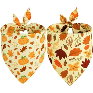 Fall Dog Bandanas 2 Pack, 4 Pattern Reversible Triangle Fall Pumpkins Autumn Leaves Thanksgiving Scarf for Small and Medium Dogs, Premium Durable Fabric Bibs for Pets (Small)