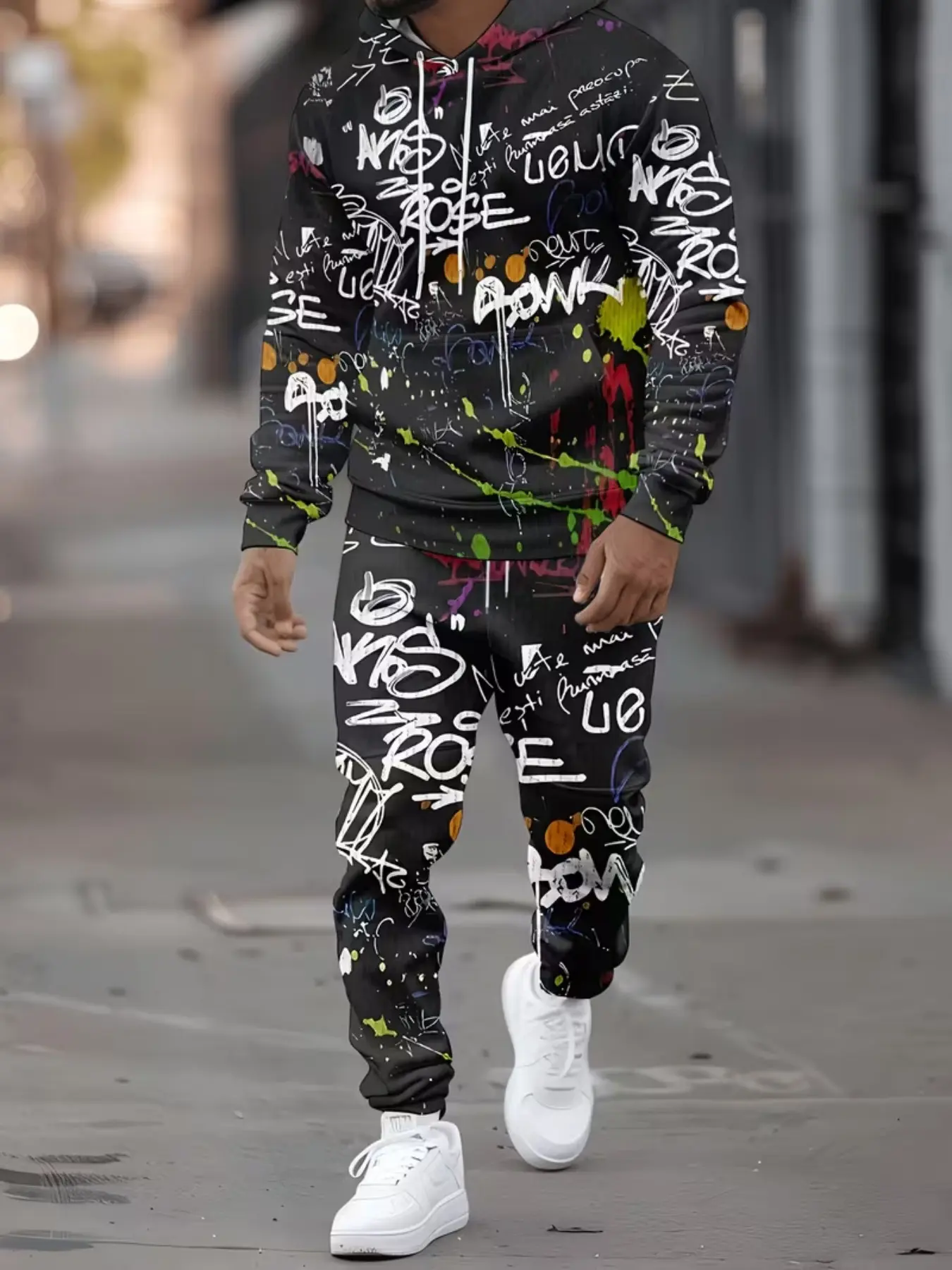 Men's Hoodie and Pants Set, Sporty All over Print, Fitted Ankle Length, Long Sleeve, Fall & Winter Fashion, Casual Wear, Streetwear Tracksuit, Graphic Tracksuit Set, Hooded Sportswear Set