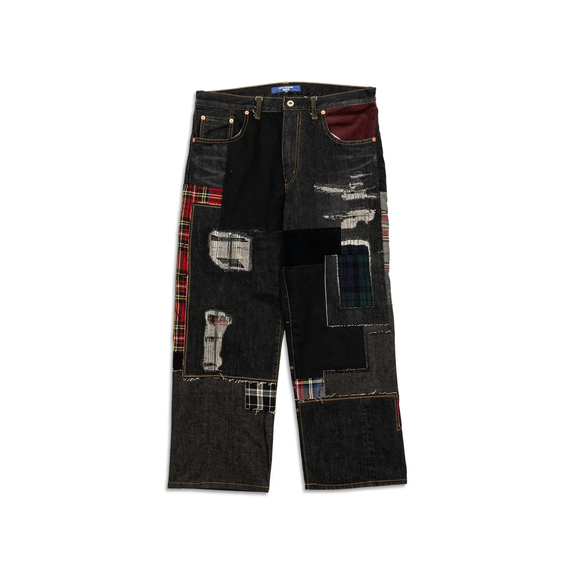 Junya Watanabe Men's Denim Patchwork Jeans - Black-Red-Cream, Patch Covered, Stitch Artwork, Upcycled Men's Denim Pants, Patch Covered Men's Jeans, Stitch Artwork Men's Jeans