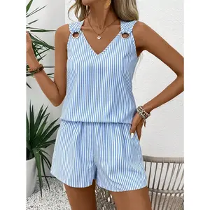 1 set of V-neck striped summer elegant women's set, V-neck strapless top comfortable and cool, fitted shorts comfortable and breathable, simple and elegant style