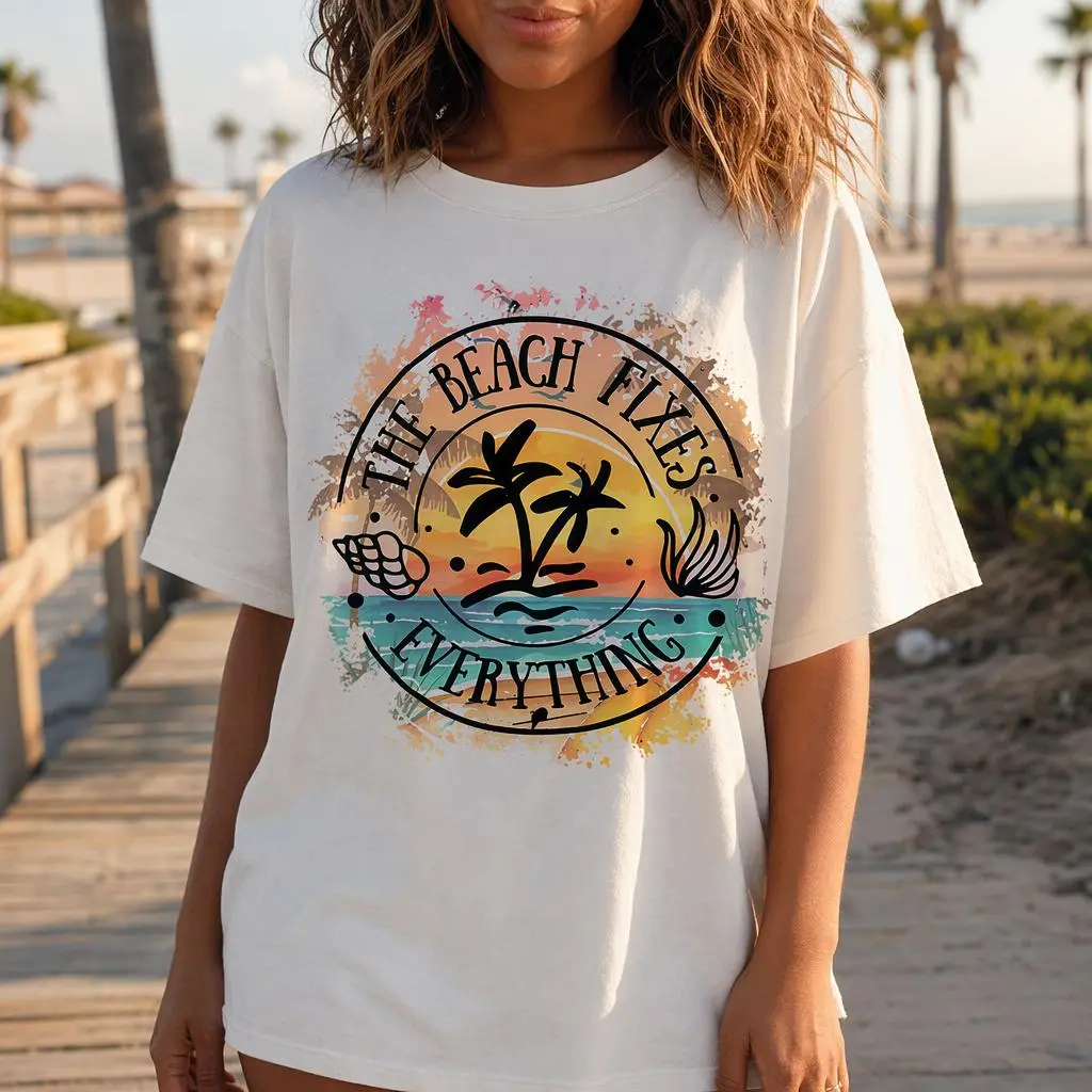 Beach Vacation Shirt Women Retro Graphic Tee The Beach Fixes Everything
