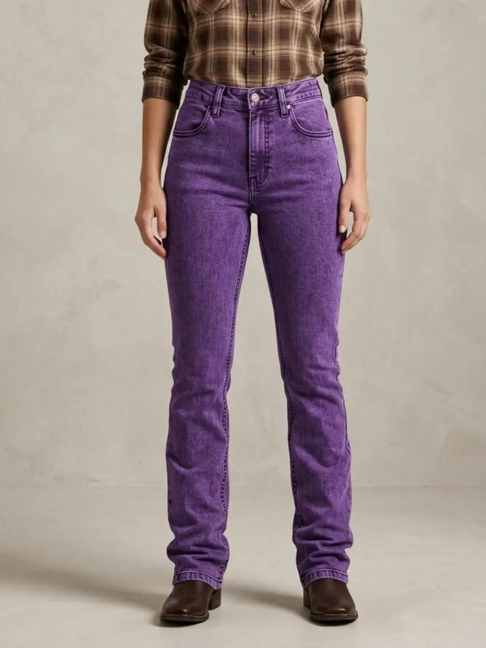 Women's High Waist Slim Flare Jeans, Purple Acid Wash Denim, Stacked Hem Design, Western Casual Vibe, For Daily Wear & Country Outings