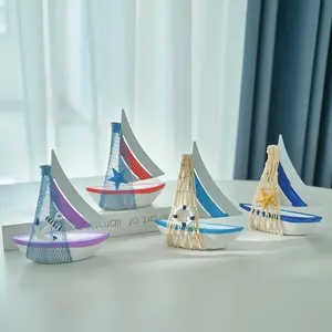 Mediterranean Sailboat Model, Wooden Iron Ship Decor, Desk Ornament, Ocean Style Craft, Perfect for Bookshelf Decoration