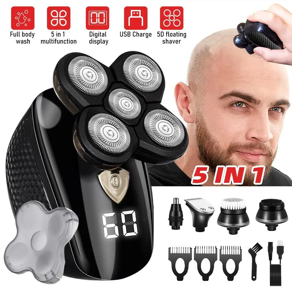 Bald Head Shaver,Electric Head Shavers for Bald Men, 5-in-1 Head and Face Grooming Kit, Waterproof Cordless Rotary Razor and USB Rechargeable,Gifts for Men