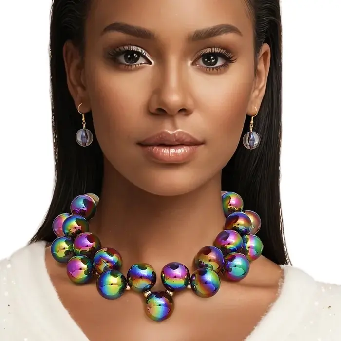 Bella Necklace Set - Black Iridescent Beads 20mm & Gold Metal Spacers Matching Earrings Elegant Jewelry Set