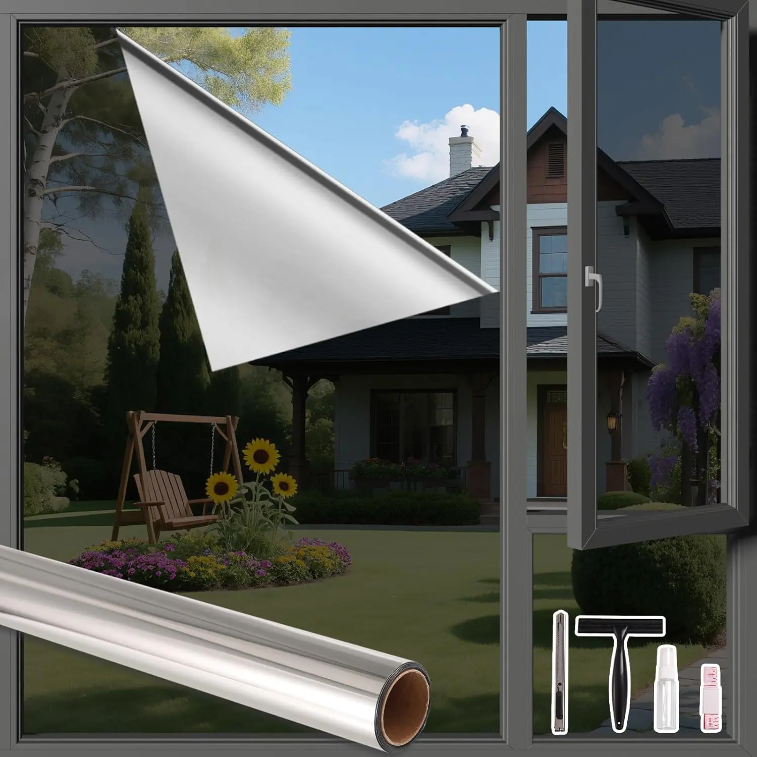 One Way Daytime Window Privacy Film See Out Not in, Window Tint for Home, Reflective Mirror Glass Windows Coverings Sun Heat UV Blocking, Black-Silver, 17.5" X 78.7"