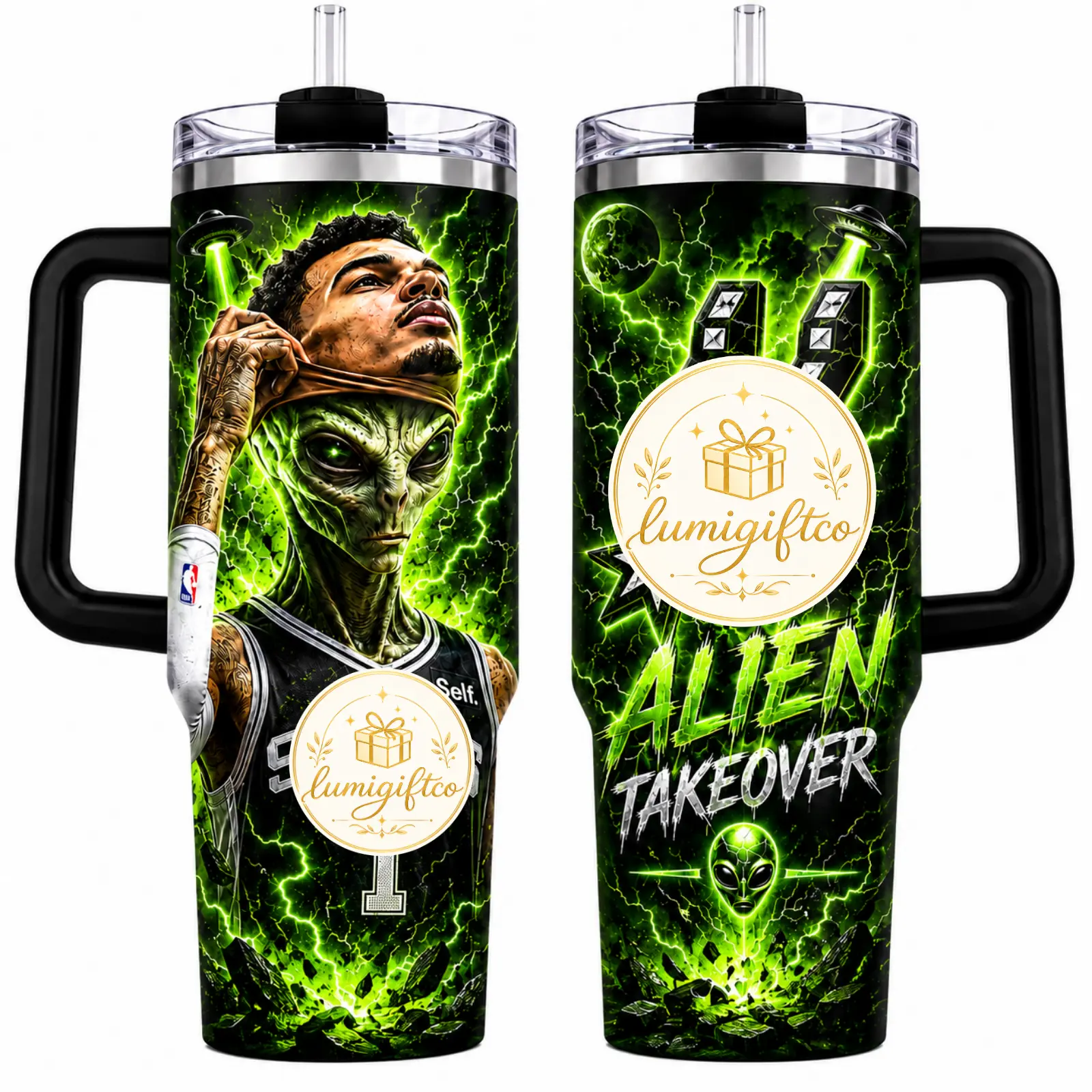 Alien Takeover Hoops Fan Tumbler 30oz 40oz, Green Lightning Space Basketball Cup With Handle, Number 1 Sci Fi Sports Drinkware, Gift For Men Basketball Fans, Not Including The Straw Water Bottles Bottle