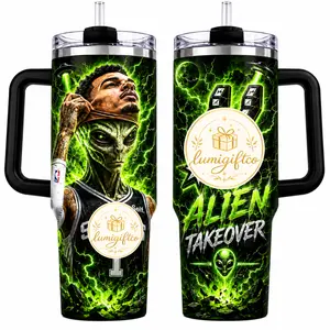 Alien Takeover Hoops Fan Tumbler 30oz 40oz, Green Lightning Space Basketball Cup With Handle, Number 1 Sci Fi Sports Drinkware, Gift For Men Basketball Fans, Not Including The Straw Water Bottles Bottle