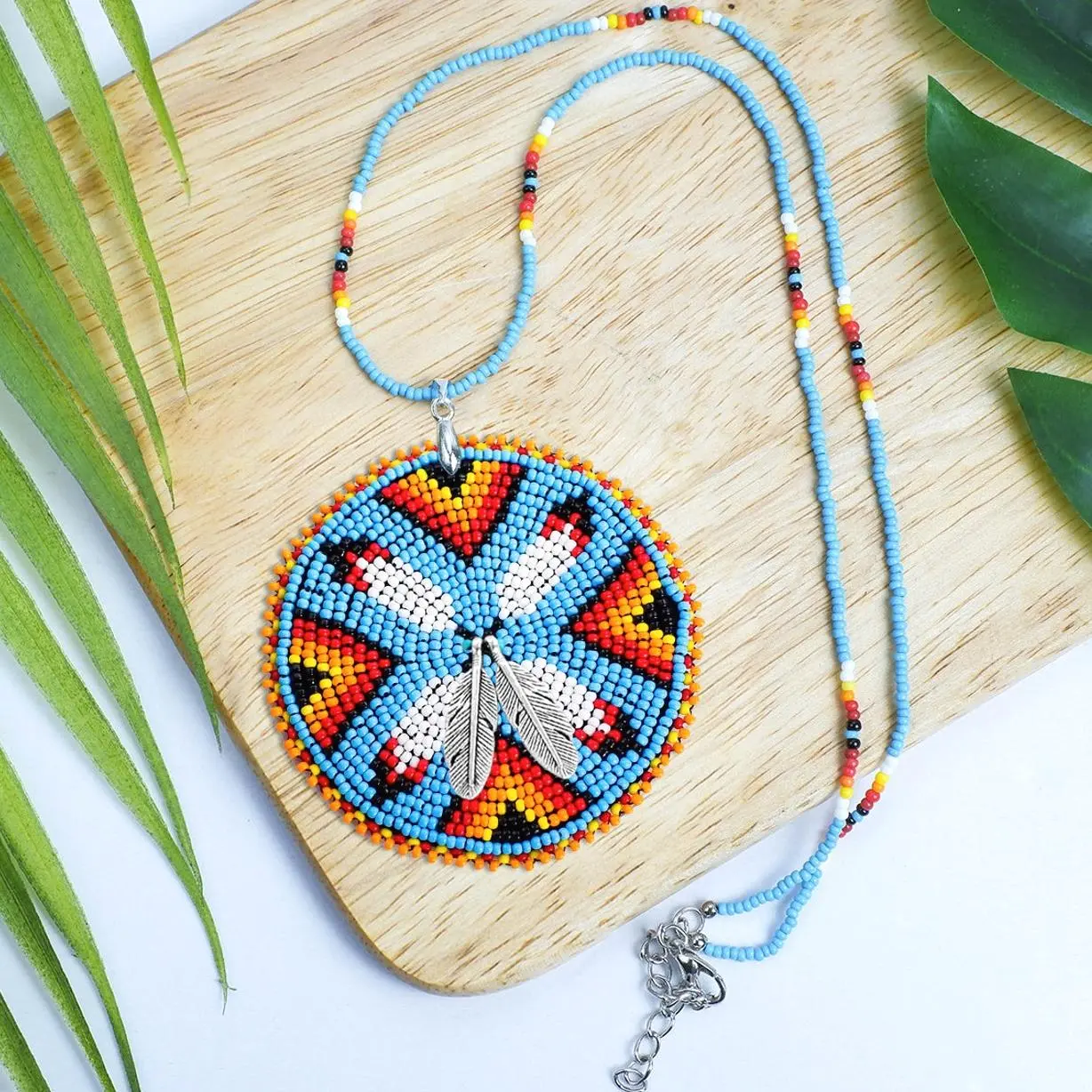 Tribal Four Feather Beaded Necklace - Native American Style Wire Wrapped Pendant - Unisex Southwestern Jewelry Handmade Fashion Accessory