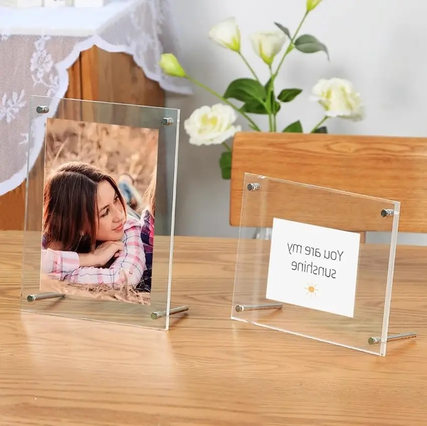 Boluoova 2-Pack Modern Rectangular Acrylic Frame Set, 20mm Thick Frameless Indoor Display, 6"×4" & 8.5"×11" Photo Holders for Resin Crafts, Home Office Decor, Free-Standing Desktop Use, Gift