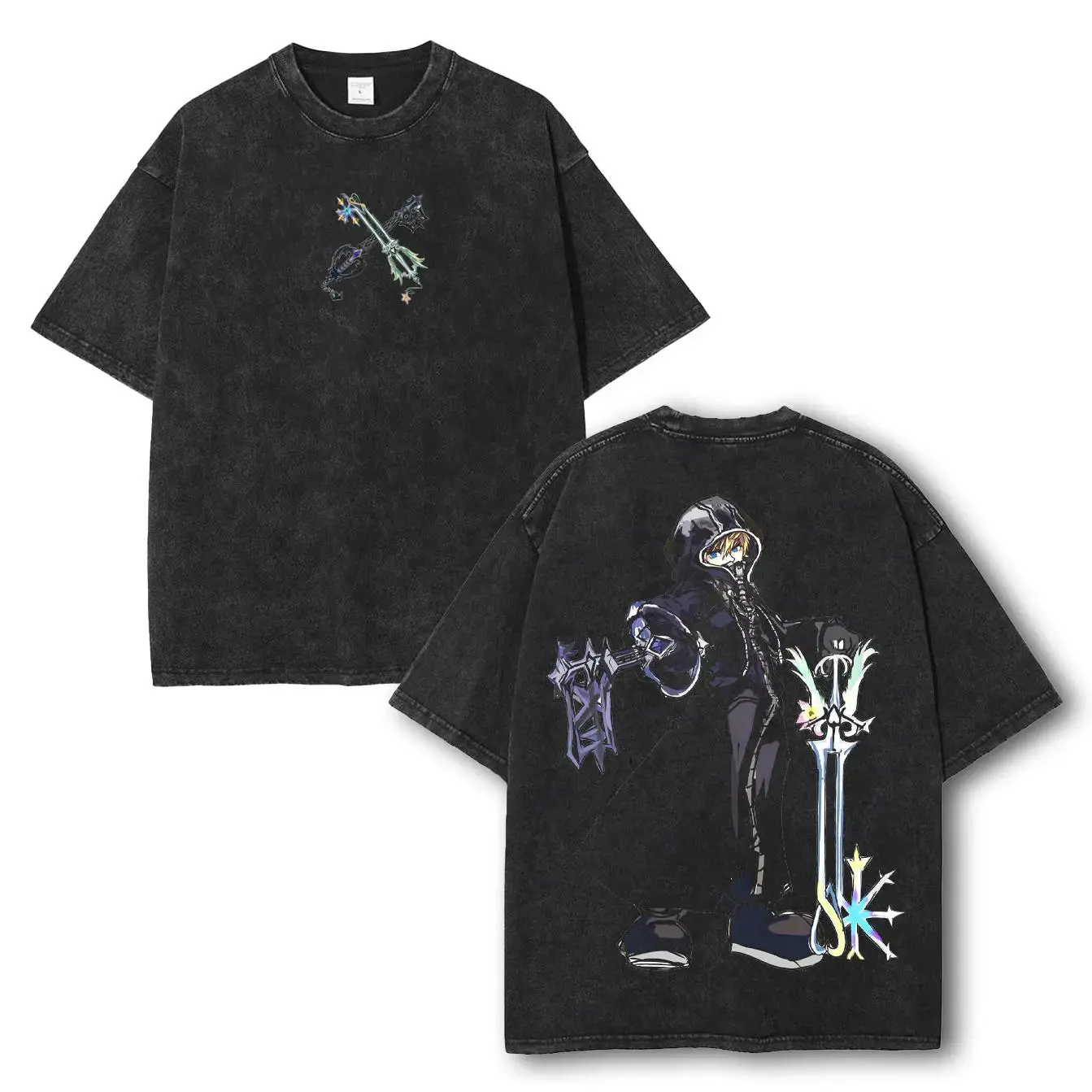 Roxas Kingdom Hearts Anime Graphic Tee Oversized Acid Wash Y2K Vintage Heavyweight Cotton Shirt For Men Women Oathkeeper Oblivion Keyblade Video Game Merch Streetwear Casual Gamer Outfit Japanese RPG Apparel Trending Gifts Anime Convention Top 2024 Now.