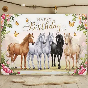 Horse Tapestry Birthday Backdrop Floral Butterfly Theme Wall Hanging Photography Background Animal Decor for Living Room Bedroom Party Decoration Indoor Outdoor Polyester