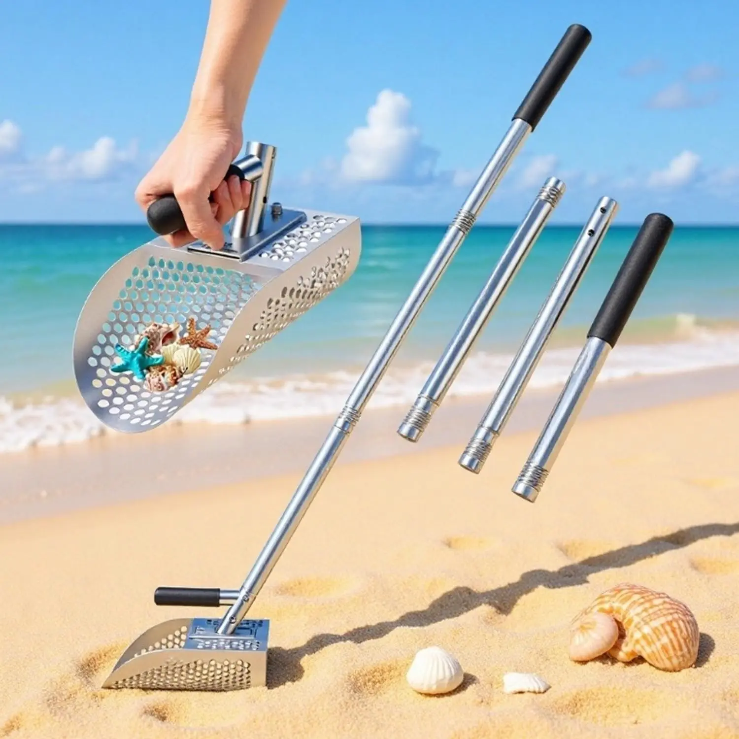 Detachable Long Handle Adjustable Sand Shovel, Stainless Steel Durable Metal Detecting Tool, Sand Sifter Garden Rake, Beach Digging, Treasure Hunting, Sifting