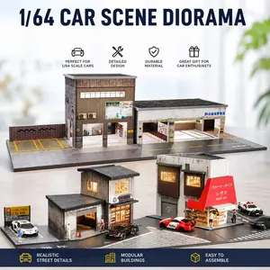 1/64 Scale Diorama Car Garage Model LED Lighting City Street View Repair Workshop Model Car Parking Lot Scene Display Building Model For Hot wheels Model Car Display case Collection Gift