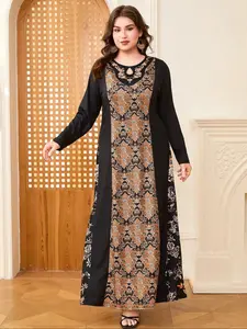 【Plus Size】 Ethnic Pattern Border Print Long Sleeve Dress, Plus Boho Fashion Casual Maxi Dress for Daily Holiday Vacation Wear, Women Plus Clothing for Spring & Fall