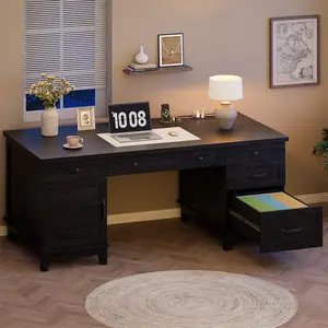 Garvee 60 Inch Farmhouse Executive Desk with File Drawers Charging Station USB Ports & Cabinet Storage Wooden Home Office Desk for Work Study Writing in Rustic Black Walnut Brown or White Walnut