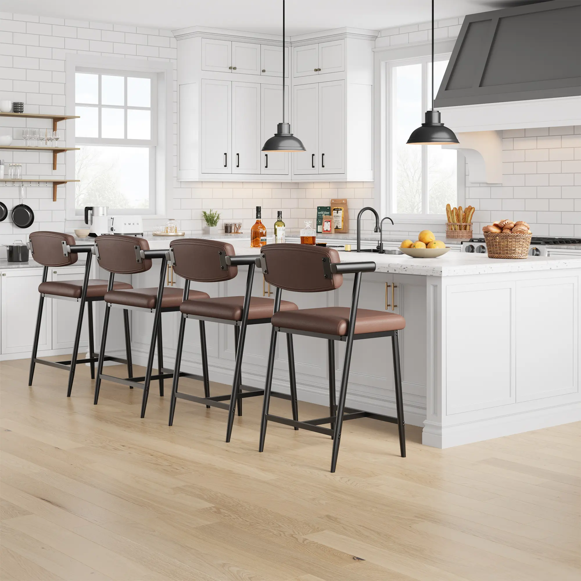 OUTGOODS Contoured Anti-Stain PU Leather Armrest Barstools with Safety Arms, Upholstered Counter-Height Dining Chairs, Metal Frame, Footrest - Comfortable Seating for Kitchen Islands, Bar Decor, Man Cave Ideas