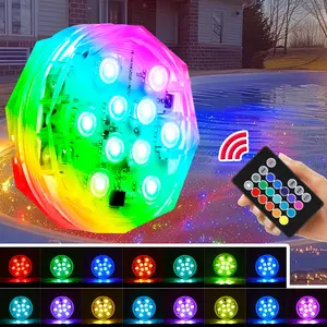 RGB LED Submersible Light IP68 Waterproof Battery Powered 15Colors Changing Dimmable Colorful Swimming Pool Atmosphere Lamp Outdoor 3Modes Multicolor Fish Tank Vase Fountain Aquarium Creative Landscape Mood Lighting with Remote Pool Fountain Lights