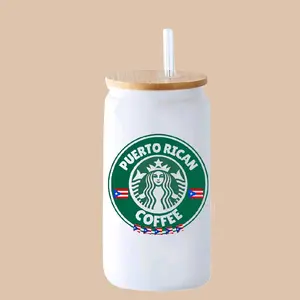 Puerto Rican 16oz Libby Glass Cup with Distinctive Puerto Rican Flag and Iconic Coffee Logo