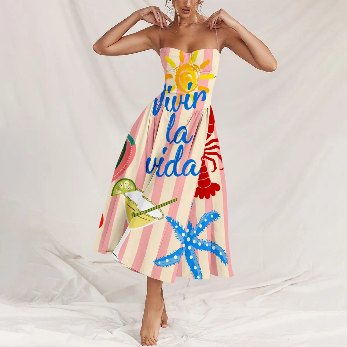 Women's Strapless Vivir La Vida Print Dress, Sleeveless Fitted Bodycon Polyester Midi for Summer Beach Casual Wear, Fabric, Going Out, Lobster, Cocktails, Daily, Elegant, Digital Print, Chic Sweet, Beach Aesthetic Casual Dresses