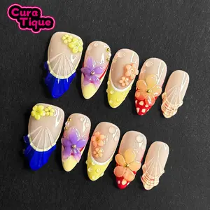 CuraTique | Sunset Flora 10PCS Handmade Press On Nails REUSABLE 3D Gel spring/summer 2025 / Prom
