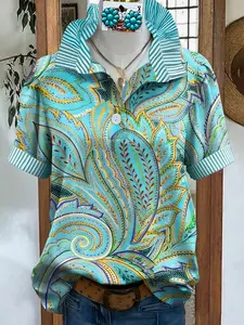 Vintage Paisley Print Shirt for Women - Spring Summer Casual Half-Open Front Top with Striped Collar