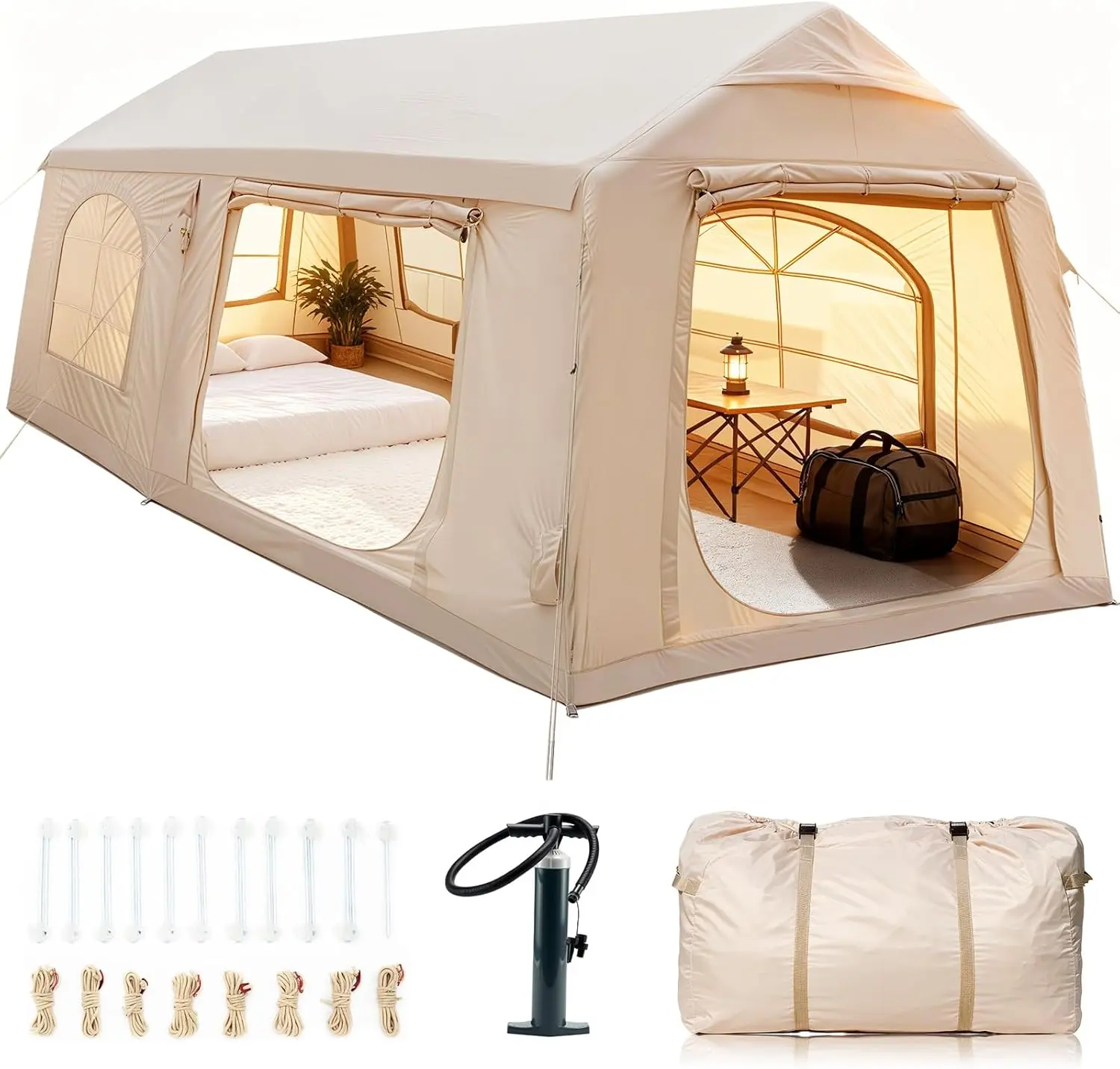 Inflatable Tents for Camping, Large Blow Up Tent with Hand Pump, Easy Setup InflatableTent 4 Season Tent, Waterproof Oxford Air Glamping Tents for Camping Adult 4/6/8/10/12 Person