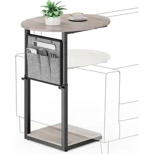 C Shaped End Table, Adjustable Height Small Side Table for Couch and Recliner, 32" Tall Couch Side Table Slide Under Sofa Tray Desk with Storage Bag for Living Room and Bedroom, Greige