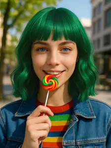 ZIHAN Green Wavy Wig with Air Bangs Women's Short Bob Wigs Shoulder Length Curly Synthetic Heat Resistant Natural Looking Easy to Use for Daily Use