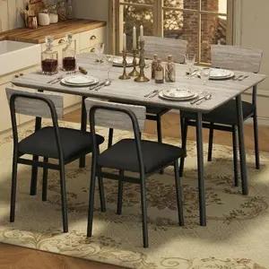 Dining Table Set for 4 with 4 Upholstered Chairs, Dining Room Table Set with Beveled Edge Design, Wood Kitchen Table & Chairs Set for Dining Room Kitchen Apartment