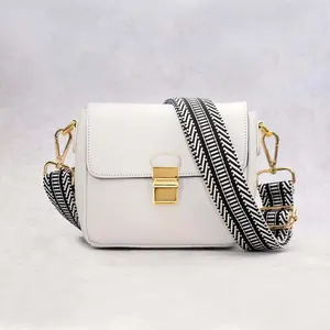 ClaudiaG Luxe Mini Shoulder Bag – White Genuine Leather with Chain Strap & Statement Strap Custom Hardware & Purple Lining