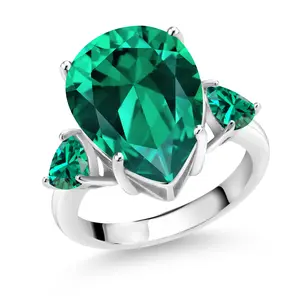 9.19 Cttw Pear Shape Green Nano Emerald 3-Stone Ring For Women | 925 Sterling Silver | Three Stone Wedding Anniversary Promise Ring For Women