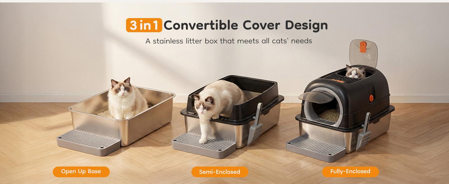 Stainless Steel Cat Litter Box with 3-in-1 Convertible Design, Dual Entrance, Litter Control Step Board & Charcoal Pack, Odor-Free, Durable, for Small to Large Cats