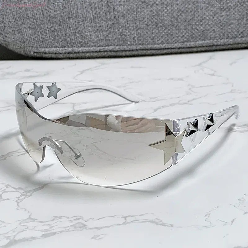 Women’s Millennium Style Star Sunglasses, Rimless One-Piece Frame with UV400 Protection, Windproof Y2K Statement Shades Perfect for Streetwear, Parties, Photoshoots and Everyday Casual Use