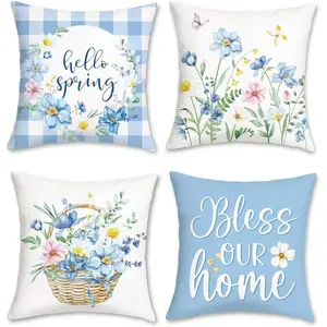 Summer Floral Butterfly Linen Pillowcases, Blue Decorative Square Cushion Covers, Perfect for Sofa Living Room Bedroom Outdoor Patio Garden, Bedroom Decorative Accessories