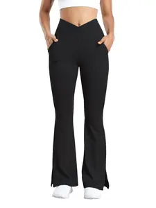 Women's Minimalist Basic Cross Wrap High Waist Pocket Flare Leg Leggings, Pants for Women, Going Out Bottoms, Casual Comfy V-cut Waist Skinny Bell Bottom Pants, Flared Leggings, Work Pants Women, Tummy Control Legging