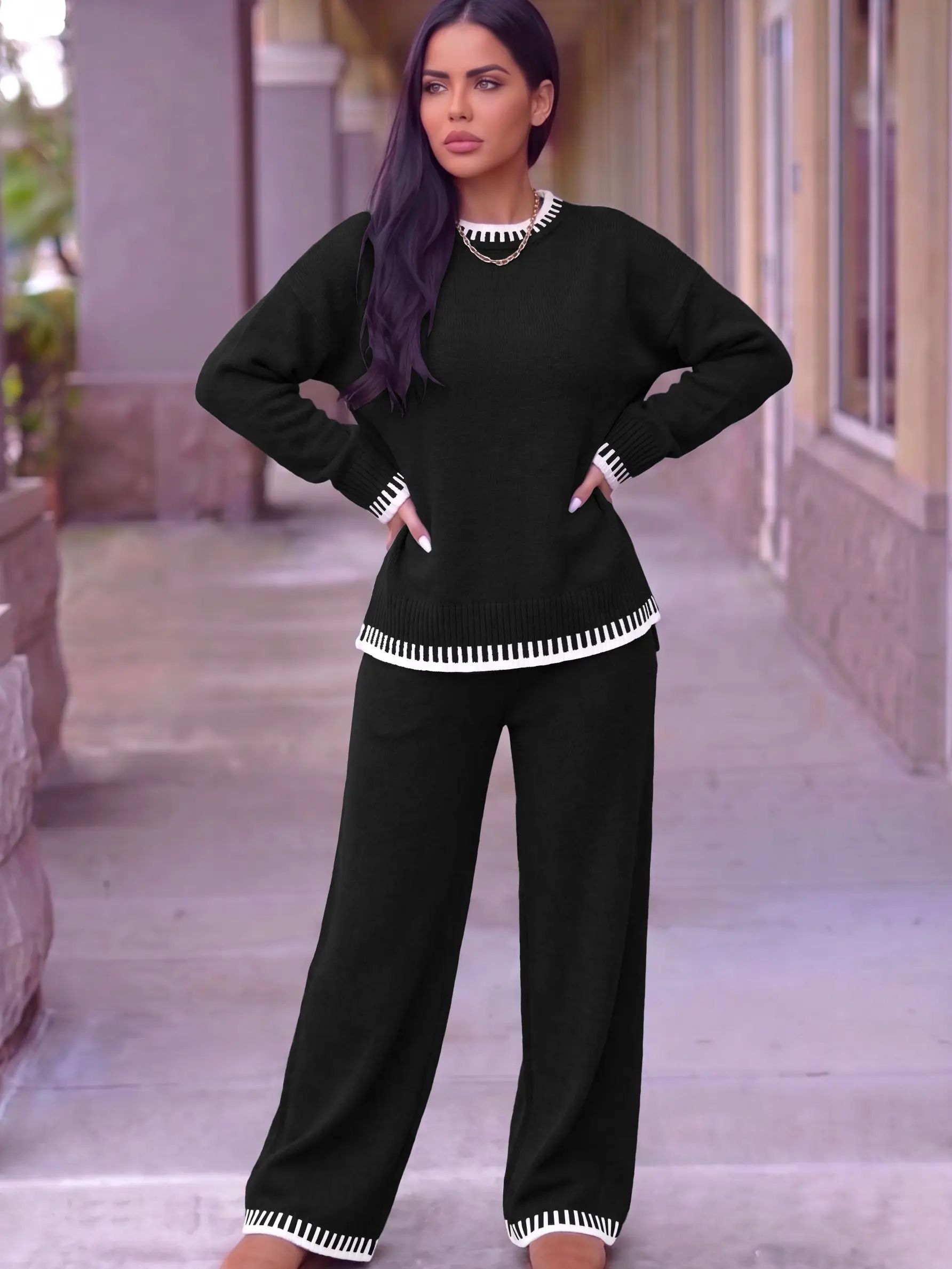 USBOUTIQUE CHIC Women's 2026 Spring Oversized Two Piece Set Long Sleeve Top & Drawstring Pants Lounge Outfit