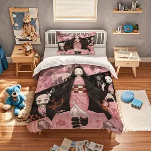 Demon Slayer Nezuko Kamado Bedding Set, Comfy Bedding Set, 2/3 Piece Duvet Cover & 1-2 Pillowcase Set, Anime Themed Bedding for Kids, Teens & Demon Slayer Fans