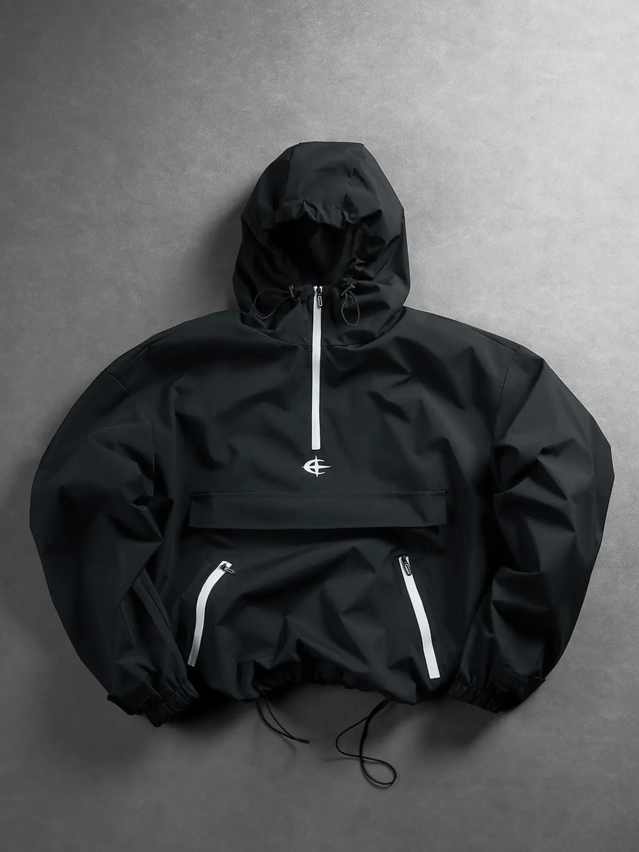 Men's Black Streetwear Zip Up Hooded Jacket with White Graphic Print, Trendy Urban Windbreaker Coat for Men, Lightweight Techwear Sports Jacket with Abstract Logo, Casual Outerwear for Spring & Fall.
