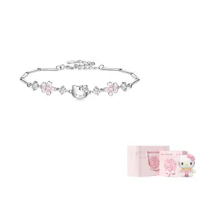 [Mother's Day] Sanrio 925 silver Hellokitty lucky four-leaf clover silver bracelet, princess flowers, versatile and good luck, light and romantic, girly heart