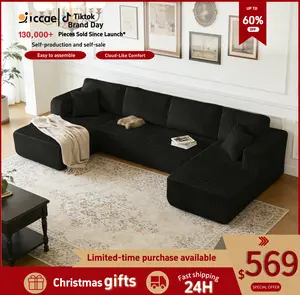 [Spring Promotion] [3 or 2 Packages Shipped]Niccae 132.5" U Shape Modular Sectional Sofa, Corduroy Fabric Oversized Sectional Couch, 5 Seat U Shaped Couch with 2 Pillows for Living Room, Bedroom, Office, No Assembly Require