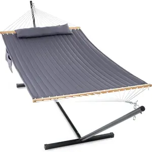 2 Person Hammock with Stand for Outside, 12ft Heavy Duty Steel Stand, Double Hammocks with Hardwood Spreader Bar, Large Removable Pillow, Side Pockets, Max 475 lbs Capacity (Light Gray)