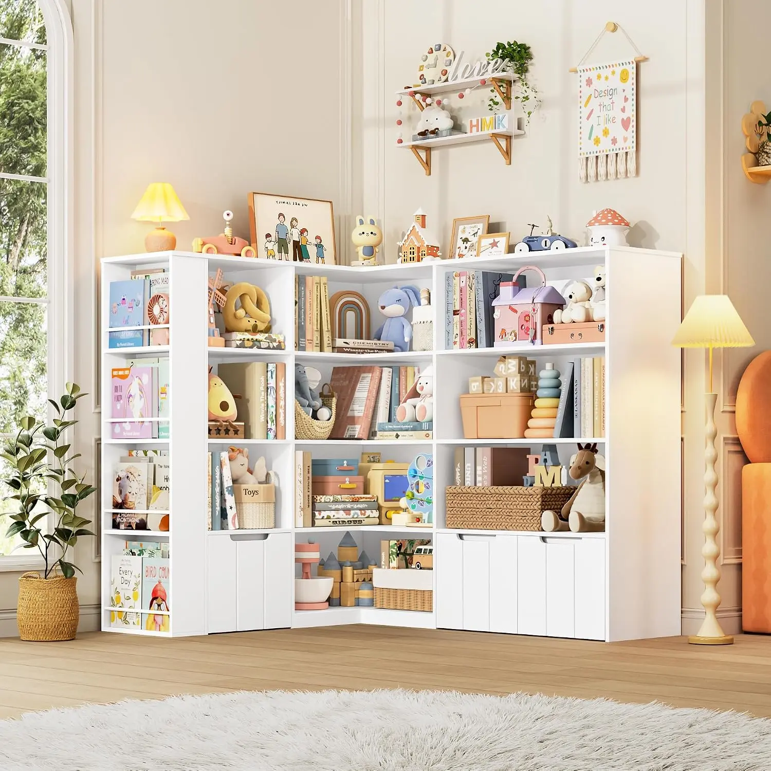 FOTOSOK Corner Kids Bookshelf and Toy Organizer, White, 3 Movable Drawers, Perfect for Stuffed Animal Storage, Playroom Toy Chest and Book Display. Tidy Up in Style.