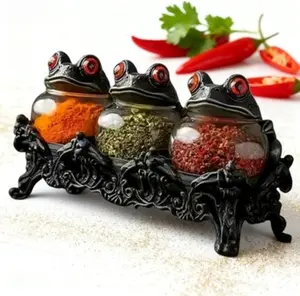 Witchy Frog Apothecary Spice Jars, Handcrafted Vintage Glass Storage Jars with Red-Eyed Frog Lids, Gothic Kitchen Herb Teas Food Storage Containers for Home Decor Fun Display