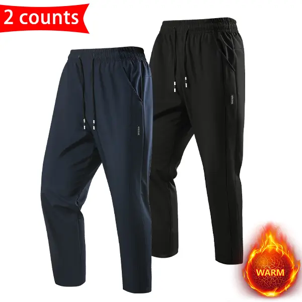 Men's Polyester Fitted Plain Joggers, 2-Pack, 9/10 Length Straight-Leg Pants, Elastic Drawstring, Warm All-Seasons Everyday Wear