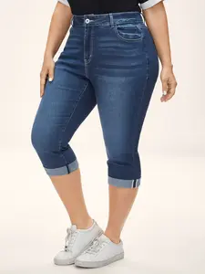 【Summer Turn-Up】【Butt Lifting】BlOOMCHIC plus size Whiskered Wash Crop Skinny Fit Jeans Midblue Below Knee Capri Pants Slanted Pockets Zipper Closure Streetwear Bottom Denim Summer Trouser Minimalist Basic Darkindigo BBL 2026 Summer Pick for Mother's Day