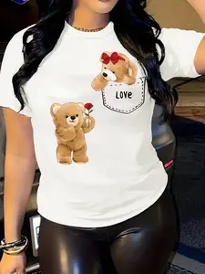 Women's Cartoon Bear & Letter Print Round Neck Tee, Fashion Casual Short Sleeve T-shirt for Daily Holiday Vacation Outdoor Wear, Ladies Clothes for All Seasons, Tshirt, Top